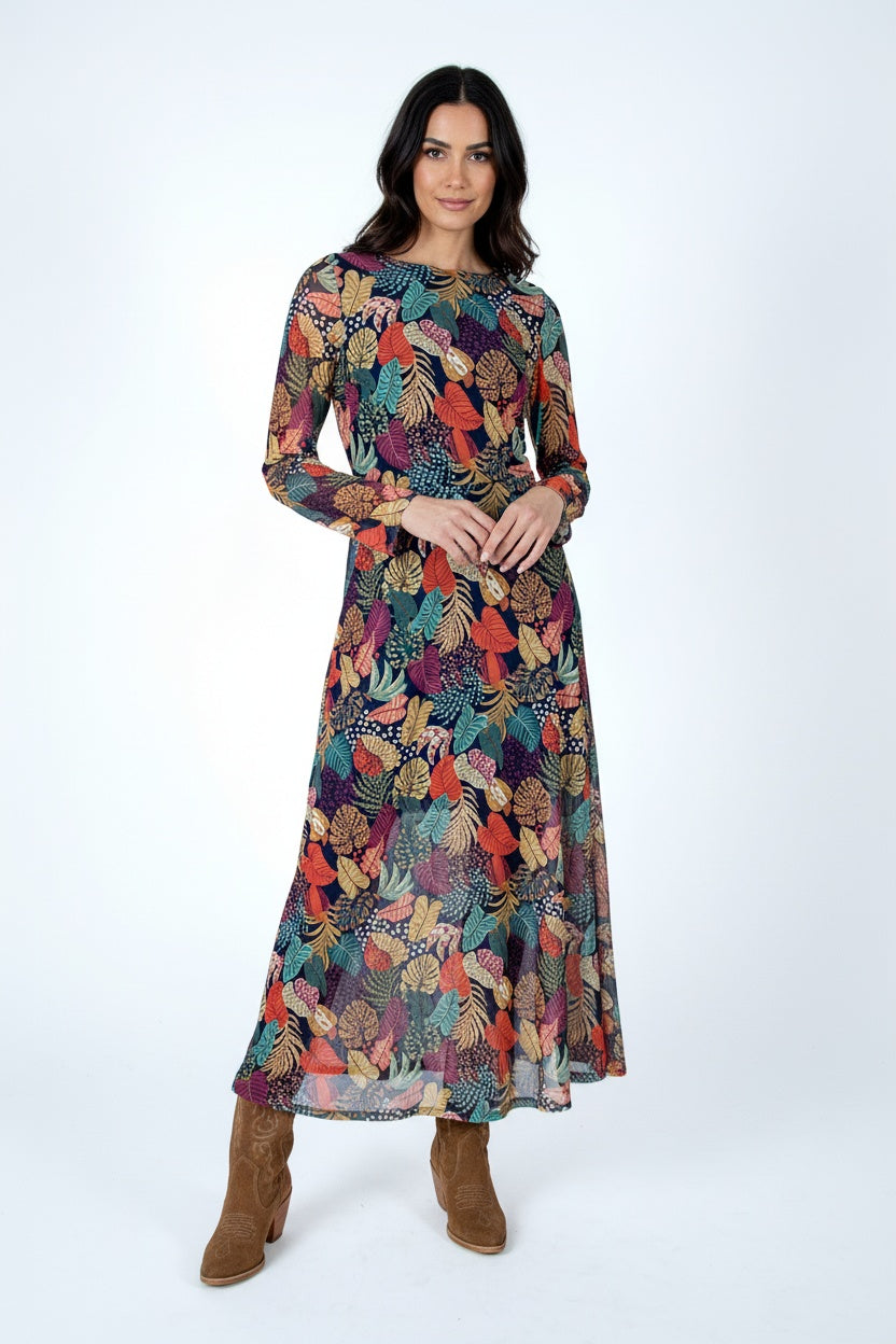 vestido largo elástico multicolor lylu treintaytantos showroom oviedo moda otoñal elegante