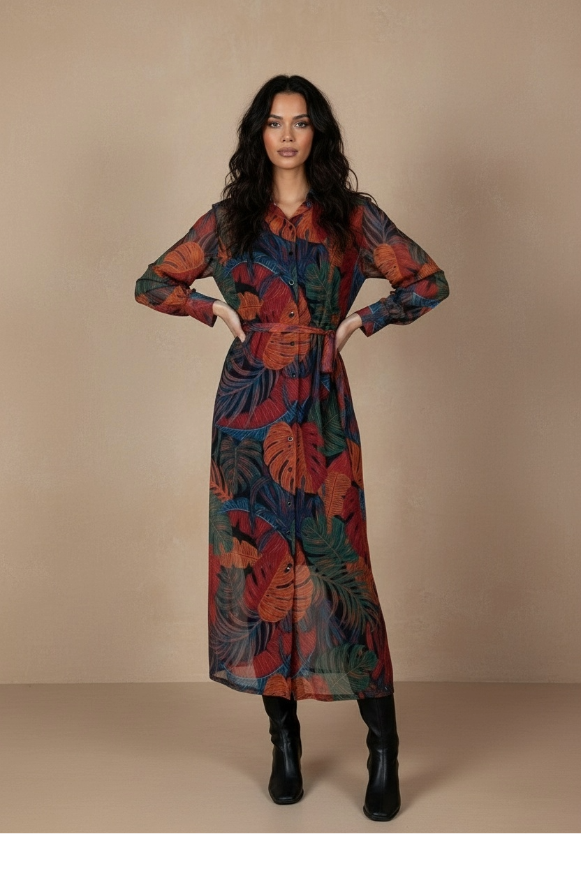 vestido bona tul estampado hojas lylu treintaytantos showroom oviedo moda mujer elegante