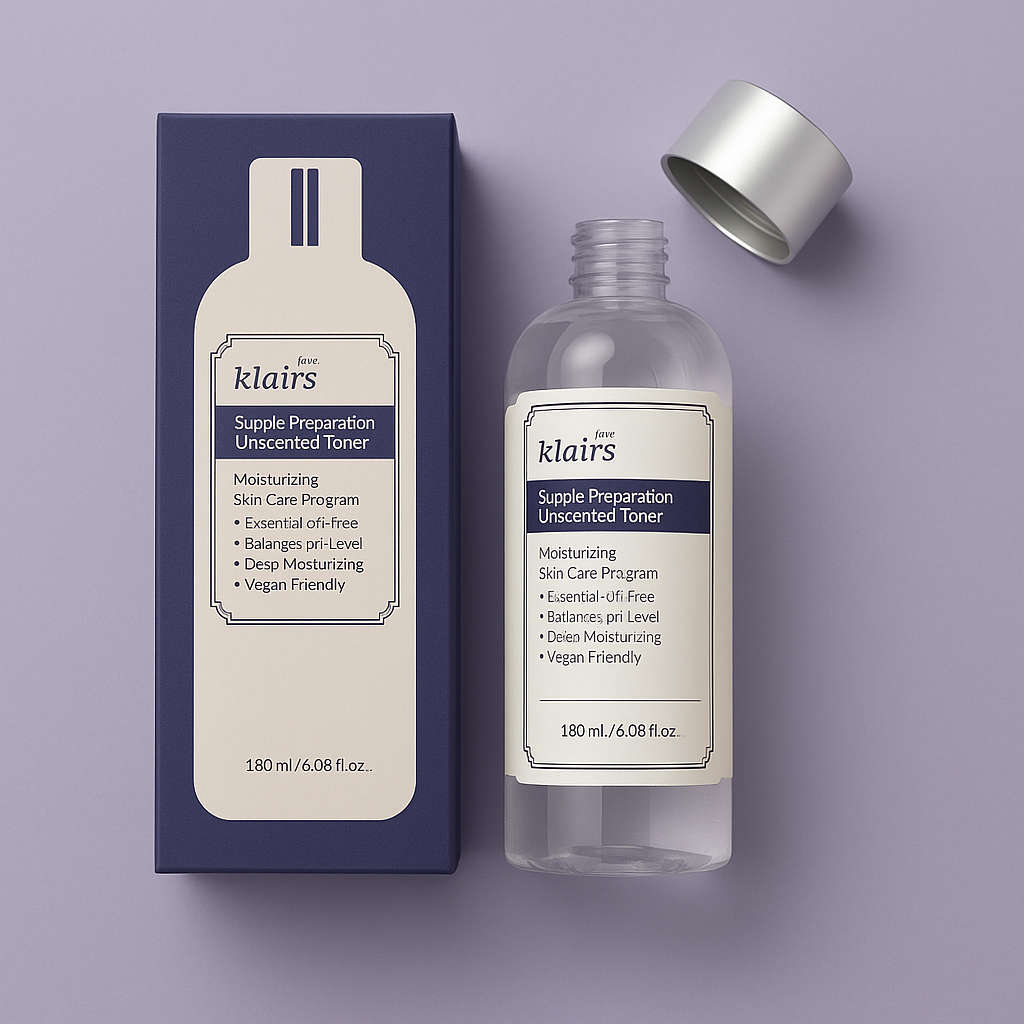 klairs supple preparation unscented toner envase y caja hidratante vegano