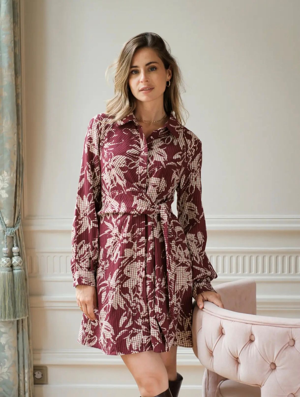vestido camisero granate floral treintaytantos mood showroom moda femenina oviedo
