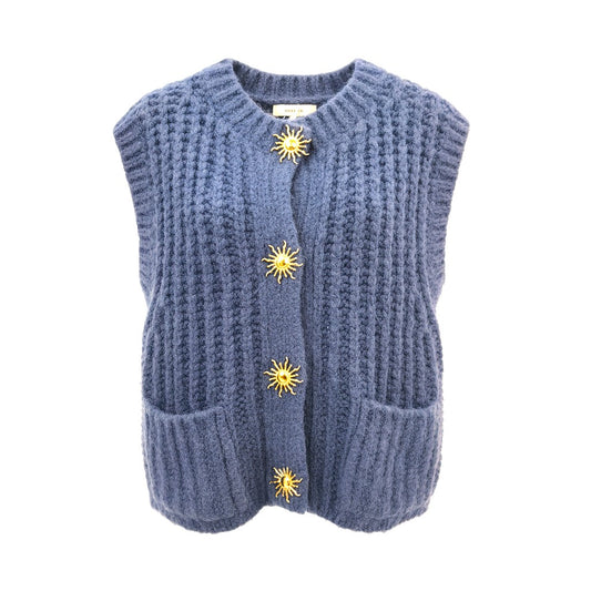 chaleco punto grueso azul botones dorados treintaytantos mood moda oviedo

