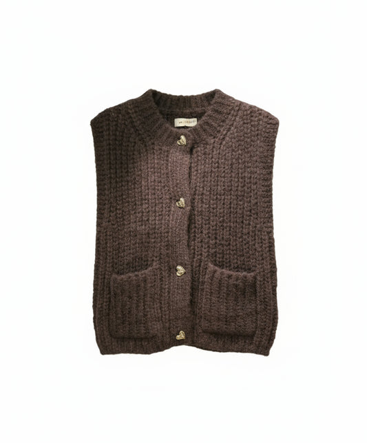 chaleco punto marron ciruela botones dorados corazon treintaytantos mood showroom moda oviedo
