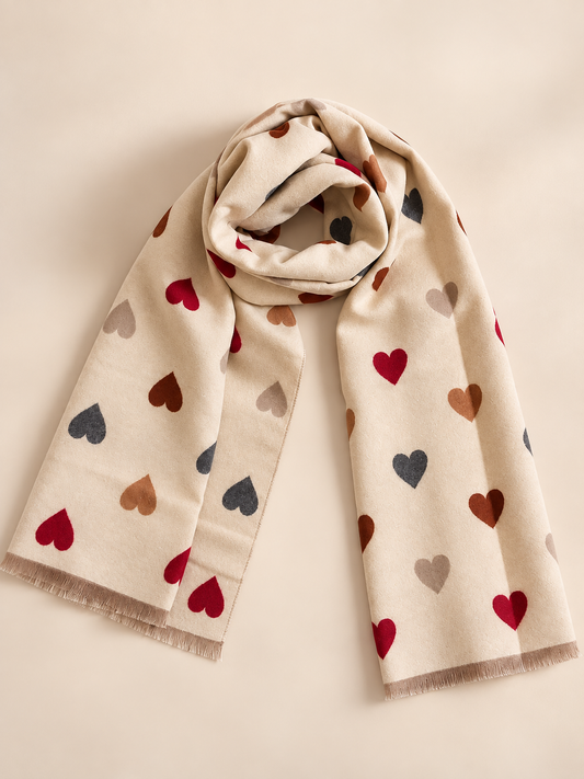 Bufanda reversible Sitges de LYLU en beige con corazones multicolor