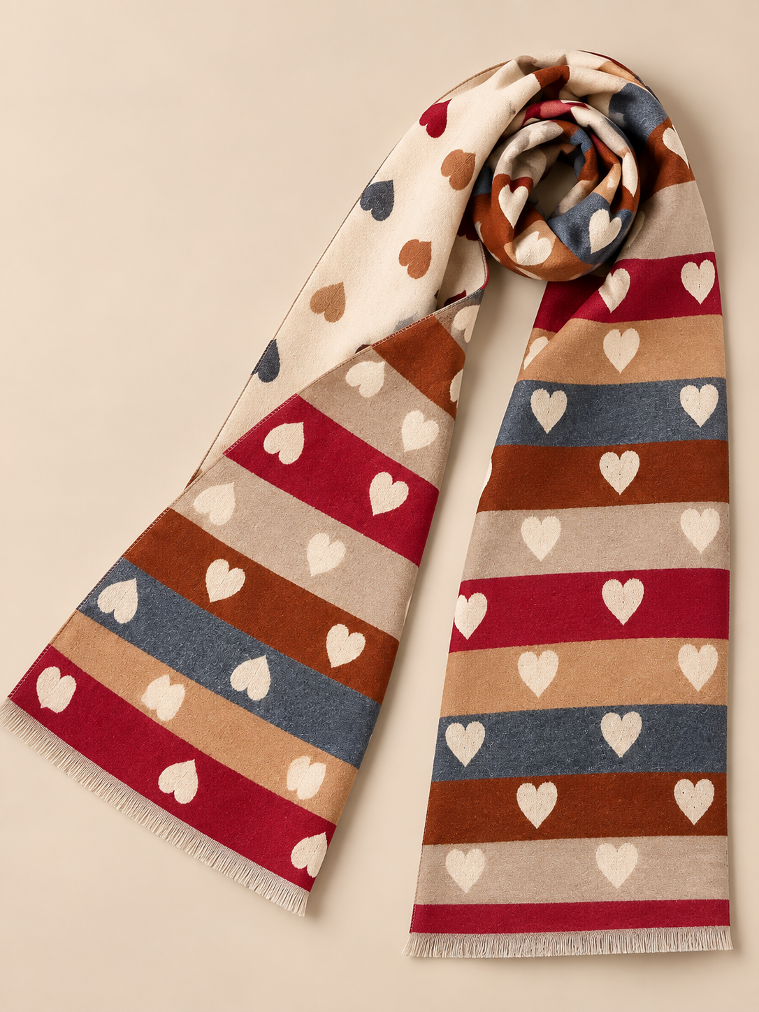 Bufanda reversible Sitges LYLU mostrando sus dos caras: corazones y franjas de colores
