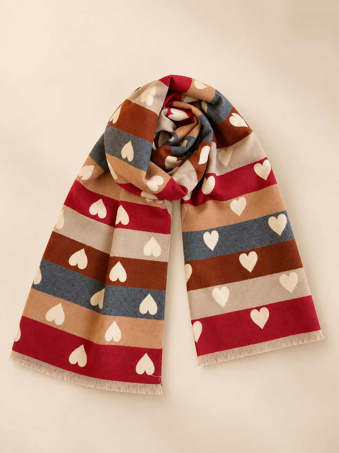 Bufanda reversible de rayas y corazones Sitges LYLU en tonos beige, granate, camel, gris y marrón