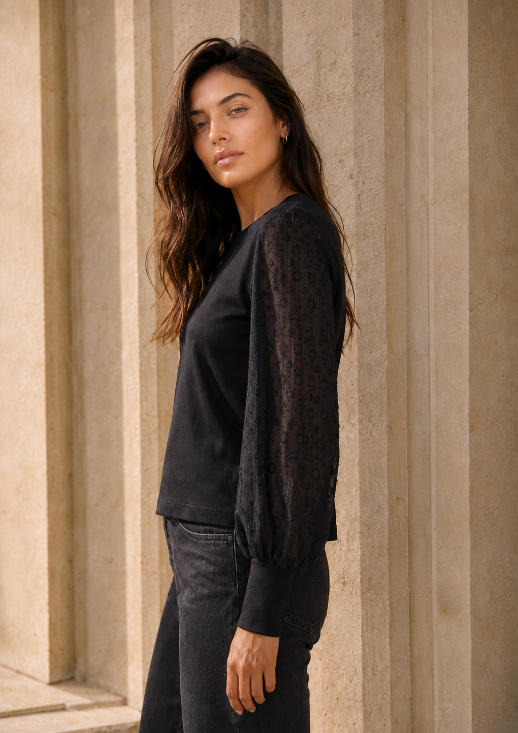 Camiseta negra Ciudad Real de Lylu, vista lateral, con cuerpo opaco y mangas transparentes de gasa con lúrex.