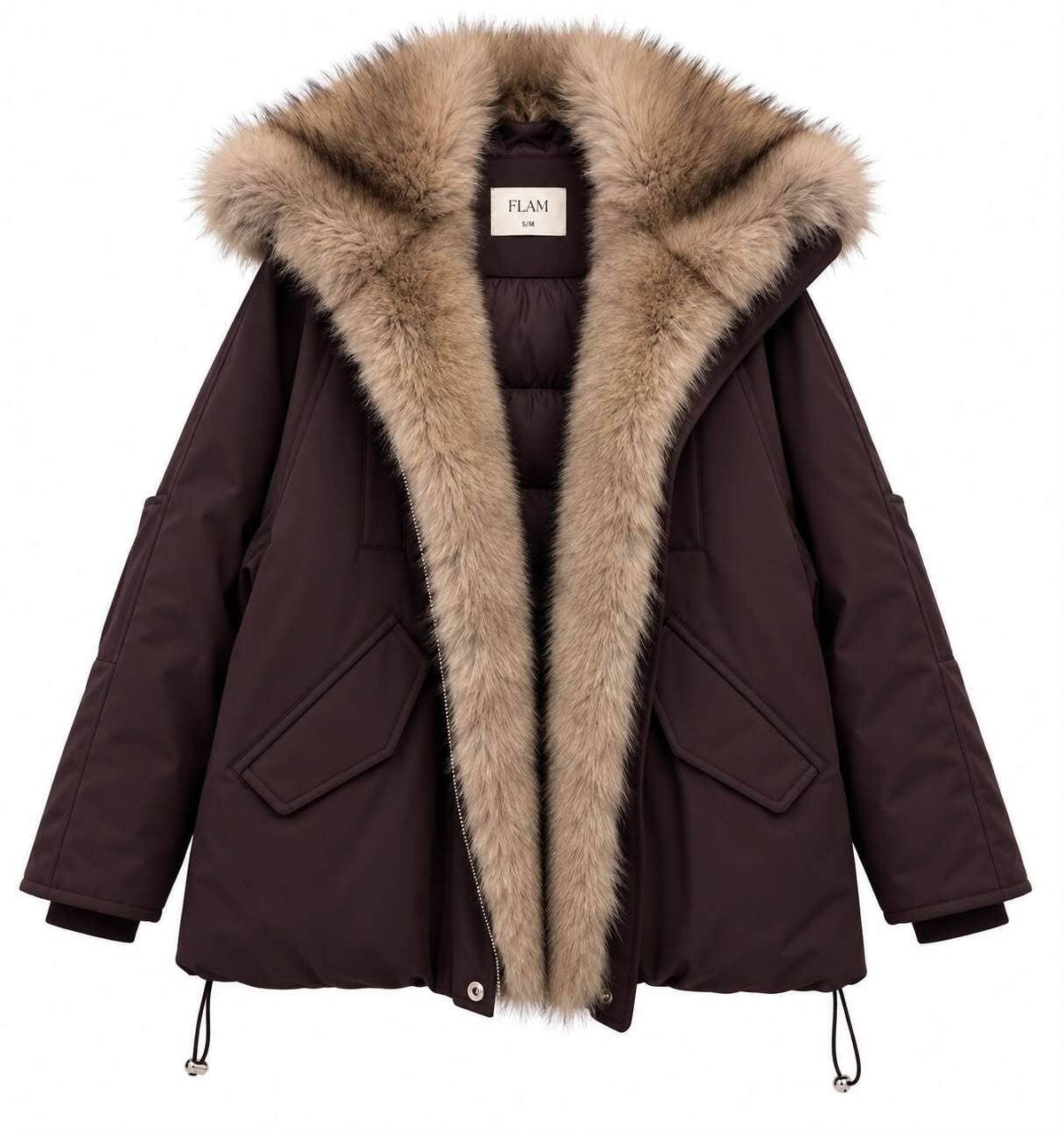 Cazadora acolchada Nantes marrón chocolate con pelo sintético beige, corte holgado y largo medio