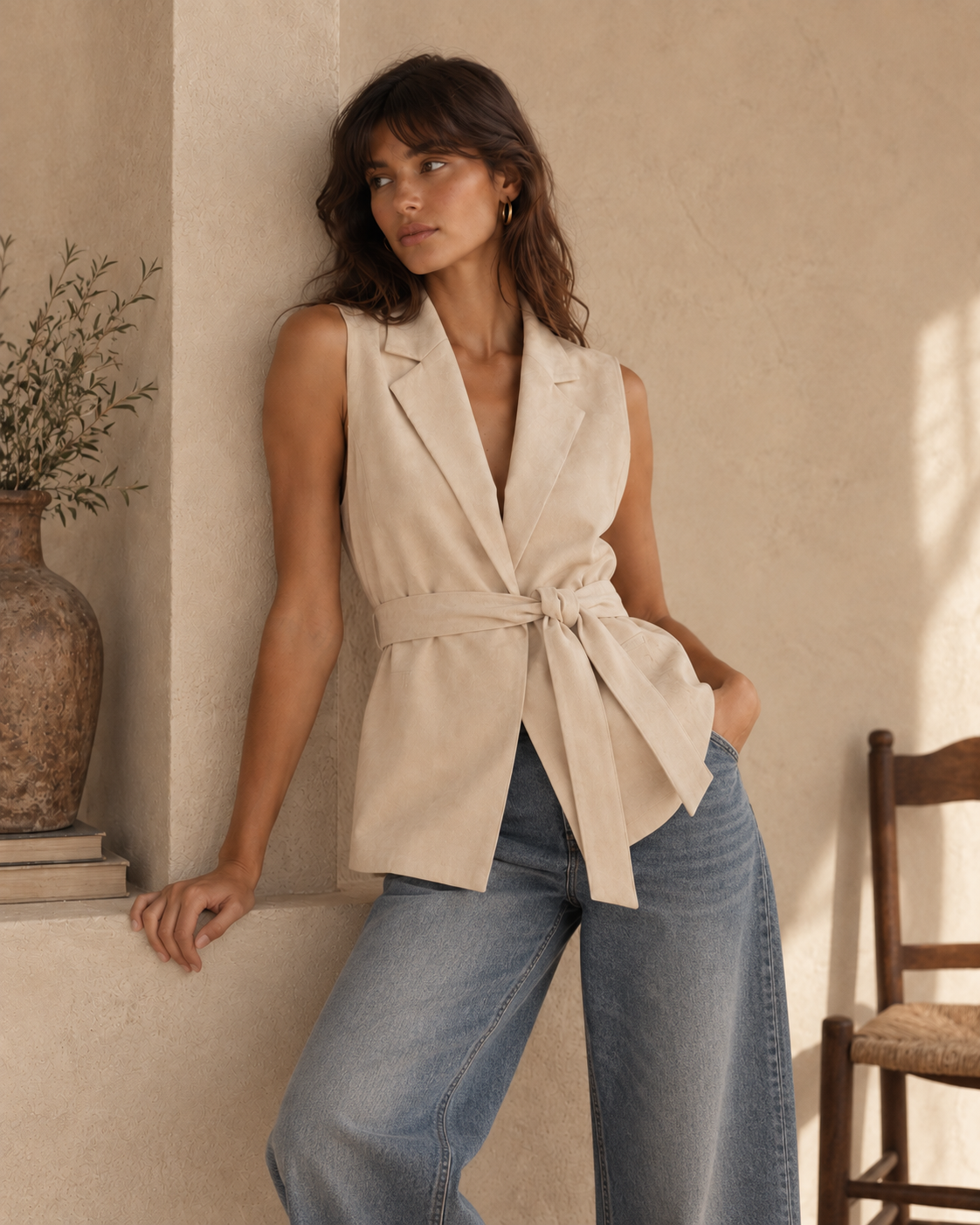 Modelo con chaleco largo de antelina Marbella beige con cinturón – LYLU