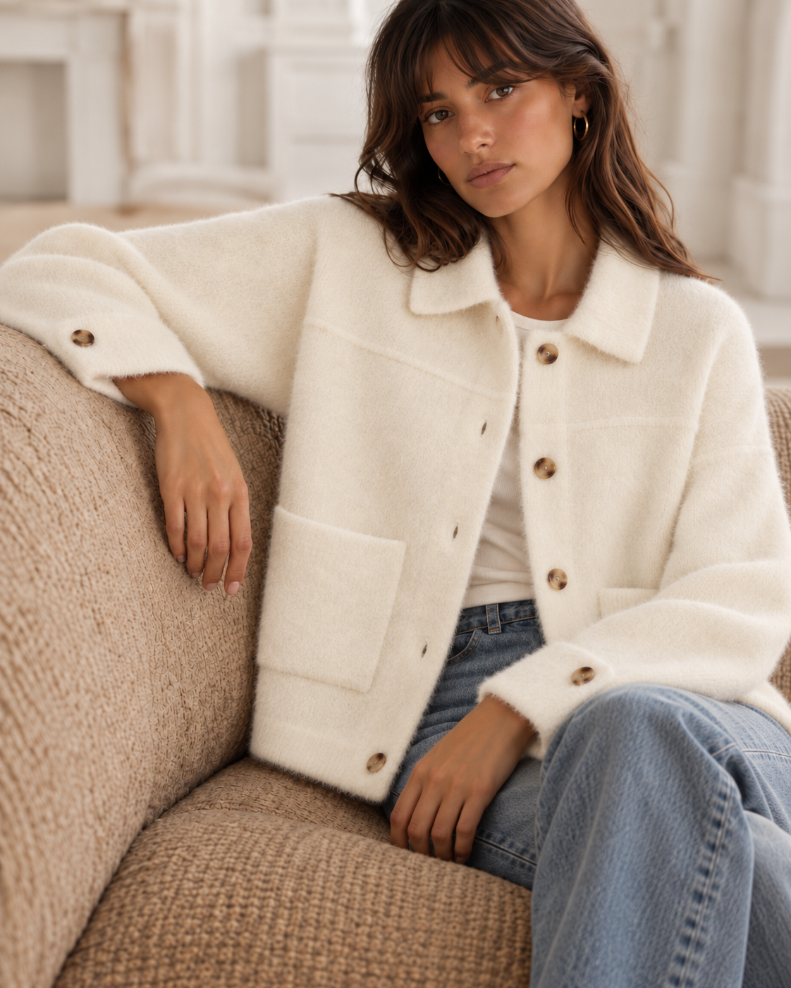 Chaqueta Calviá en blanco roto puesta por modelo con vaqueros