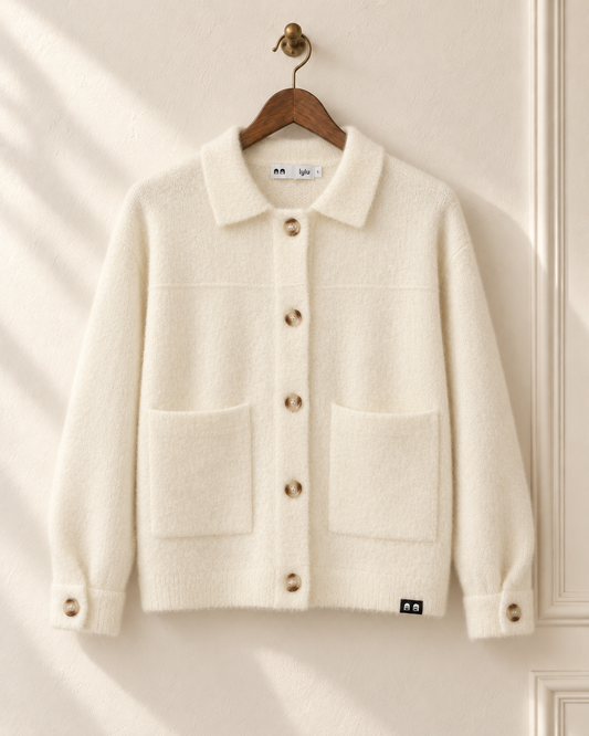 Chaqueta Calviá de punto efecto pelo en blanco roto con cuello camisero, botones y bolsillos