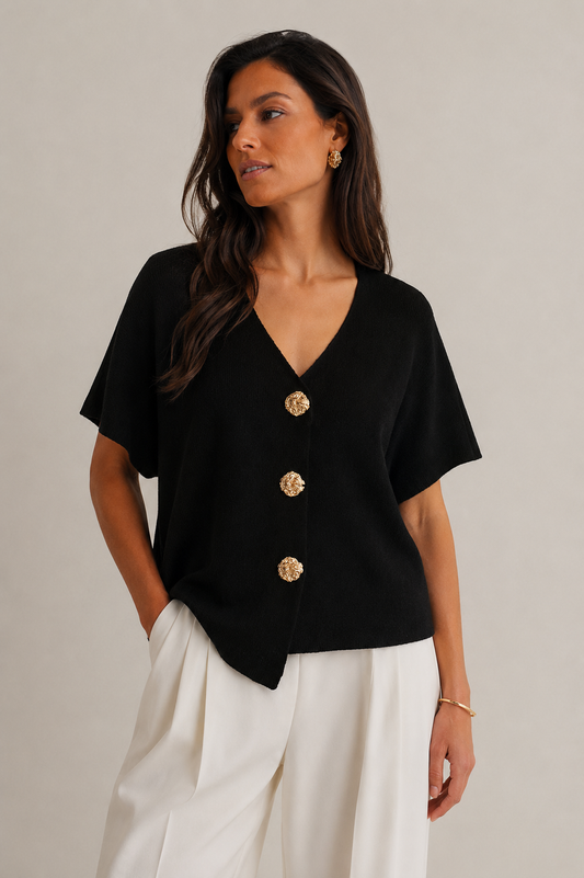 CHAQUETA DE PUNTO NEGRA CON BOTONES JOYA DORADOS – ROMA