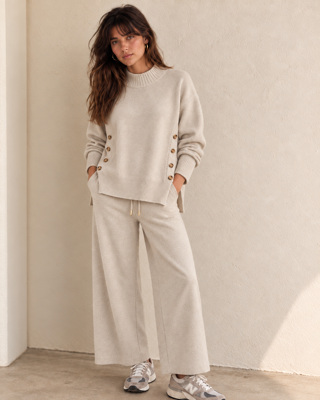 Modelo con conjunto de punto crudo de jersey Comillas y pantalón Cudillero LYLU
