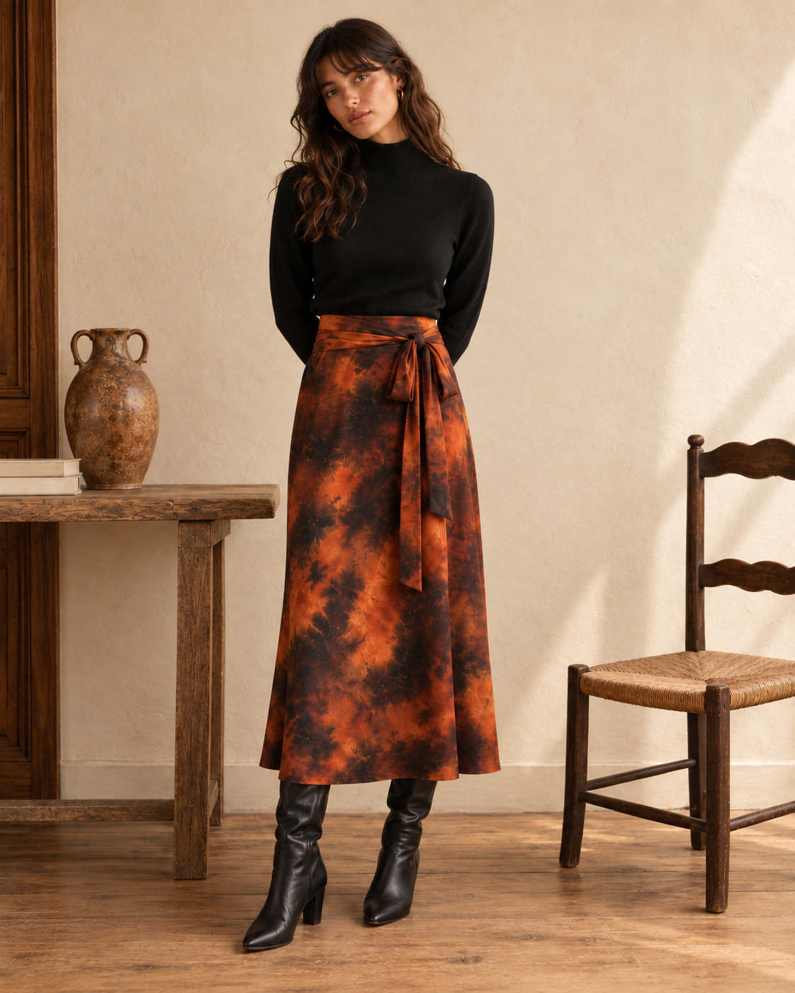 Falda midi Valencia de LYLU con estampado tie-dye caldera, marrón y negro, look de mujer con jersey negro