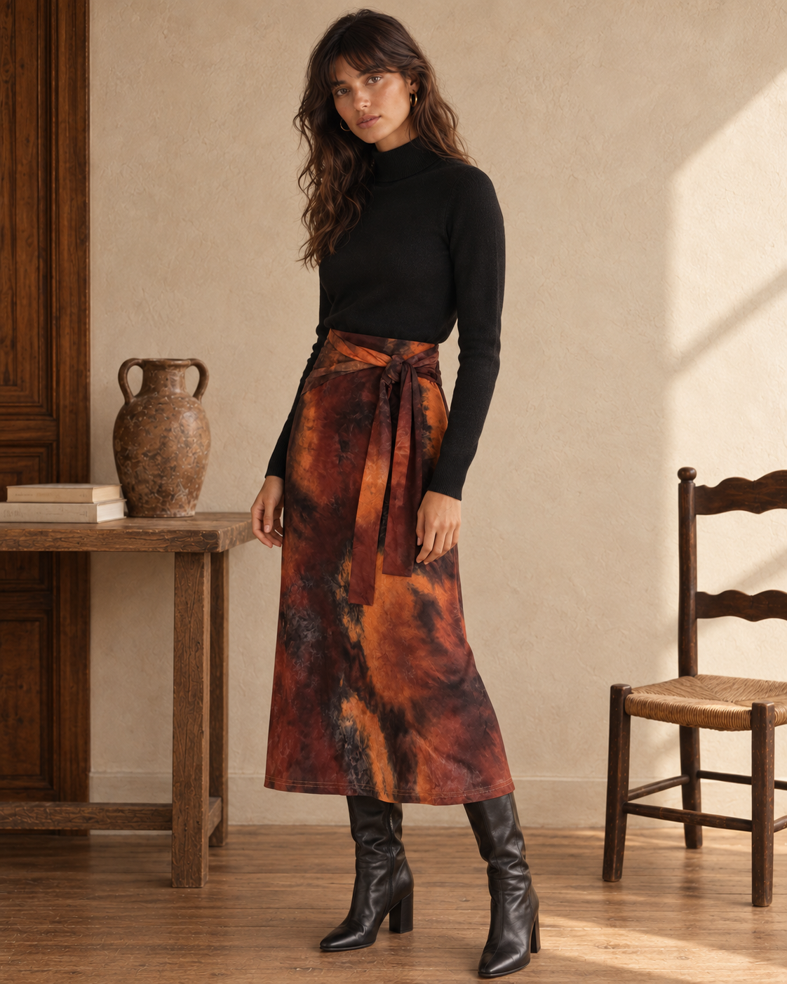 Falda midi tie-dye Valencia de LYLU para mujer, corte midi con lazada integrada y tonos caldera y marrón