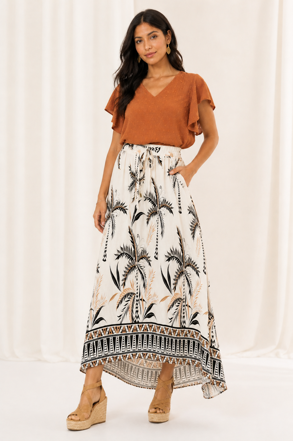 FALDA LARGA ESTAMPADA FLUIDA CINTURA ELÁSTICA URBAN – LYLU