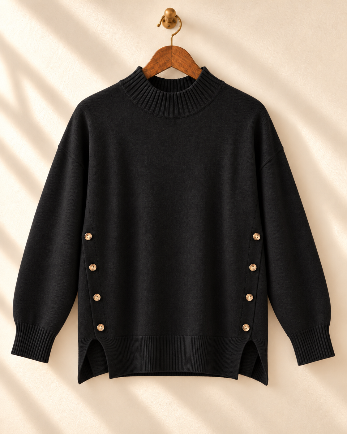 Jersey negro Comillas LYLU en percha con cuello chimenea botones y aberturas laterales