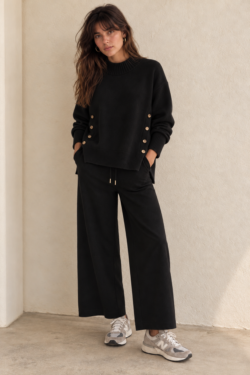 Conjunto de punto negro LYLU con pantalón ancho tobillero Cudillero y jersey Comillas en modelo
