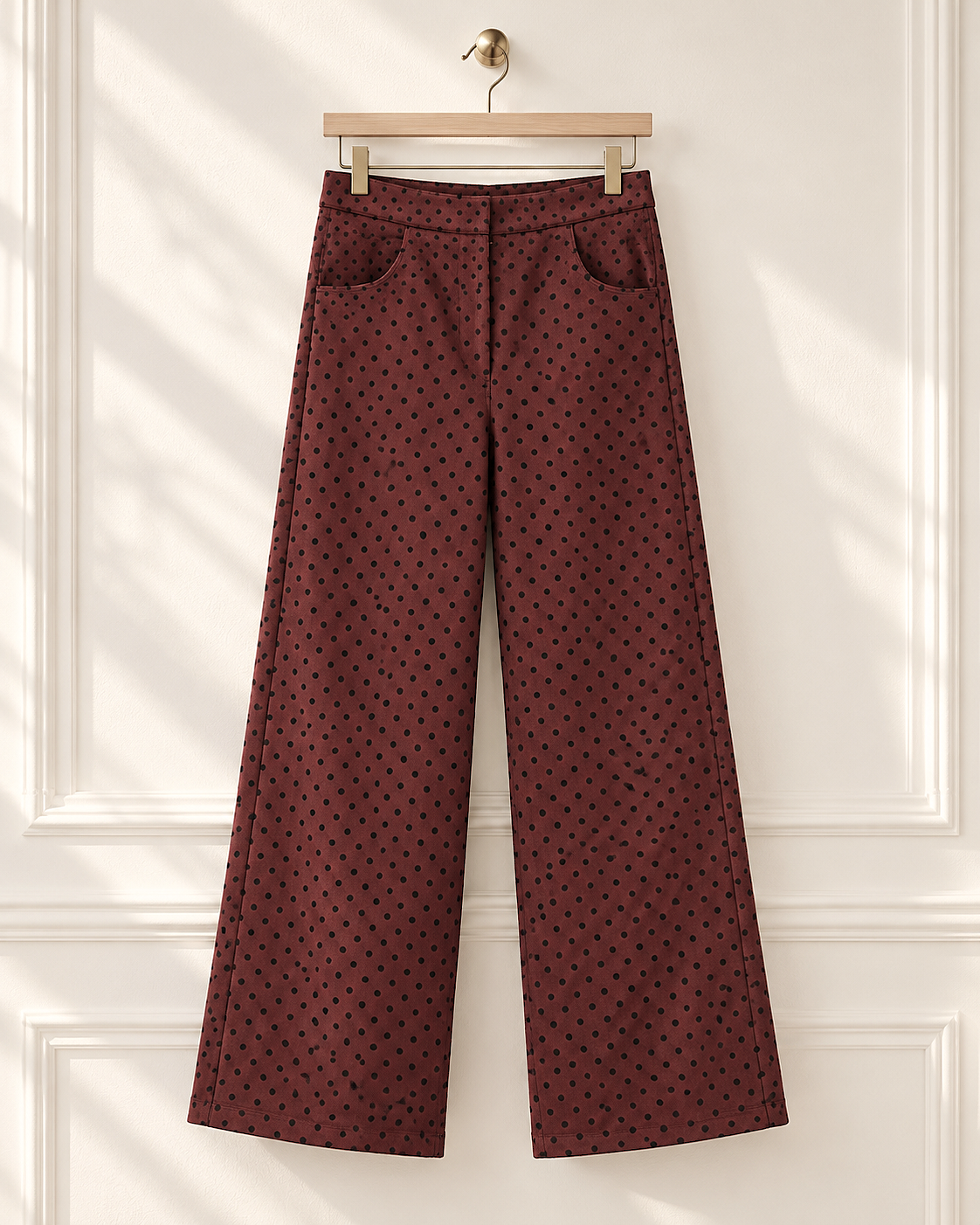 Pantalón de antelina burdeos con lunares negros San Sebastián de LYLU, corte de pierna ancha