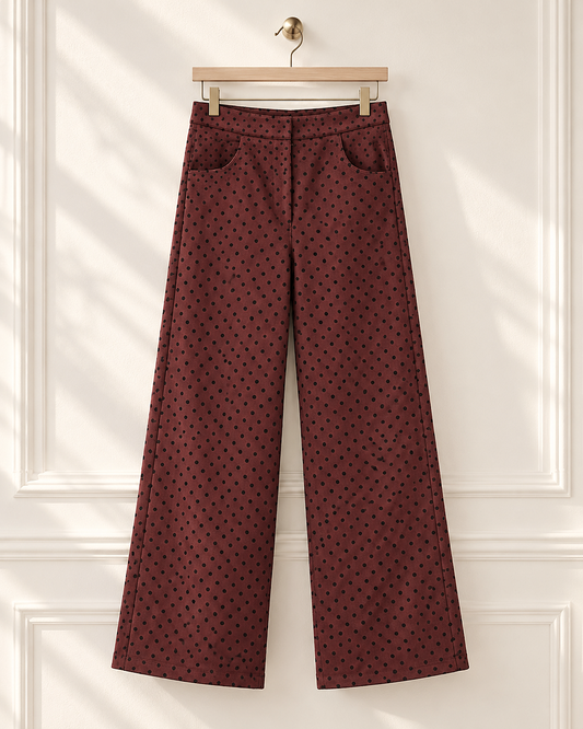 Pantalón de antelina burdeos con lunares negros San Sebastián de LYLU, corte de pierna ancha