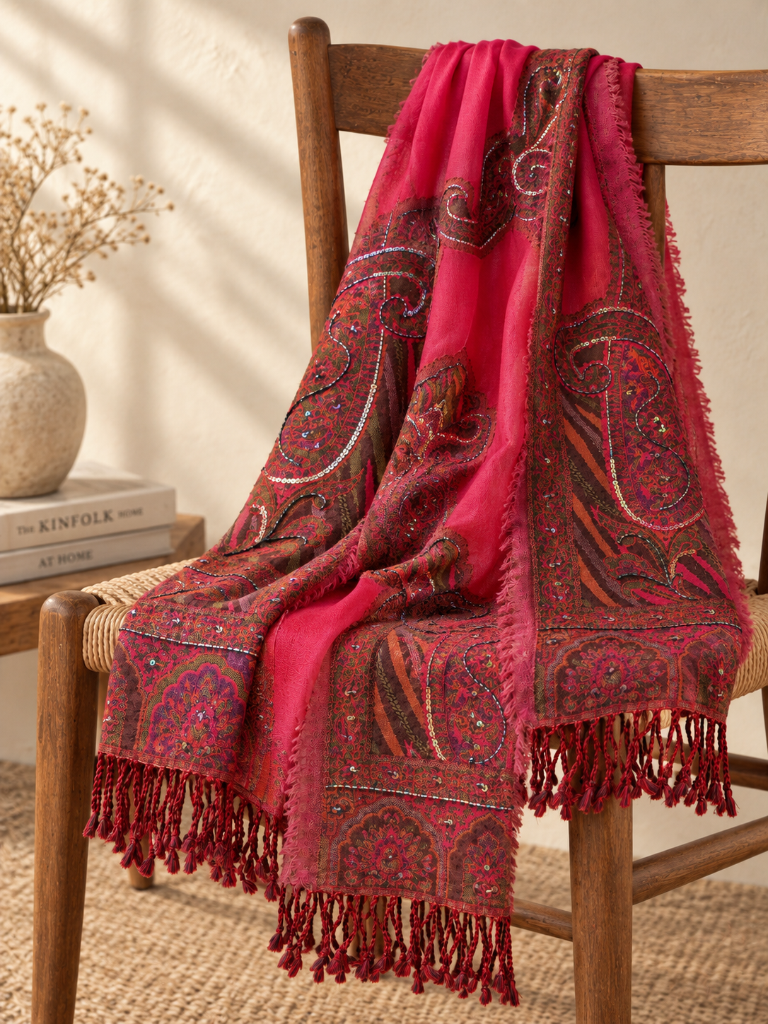 Pañuelo rojo Anapurna de lana bordado con abalorios sobre silla