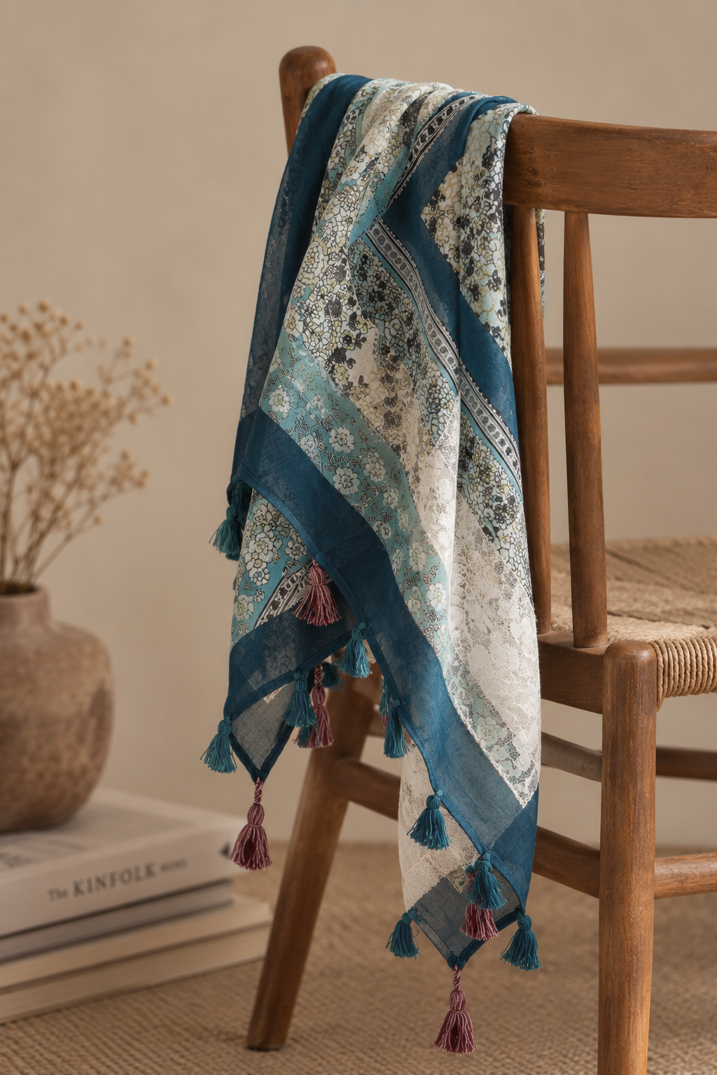 Pañuelo Catalina azul con encaje blanco y borlas colocado sobre silla de madera