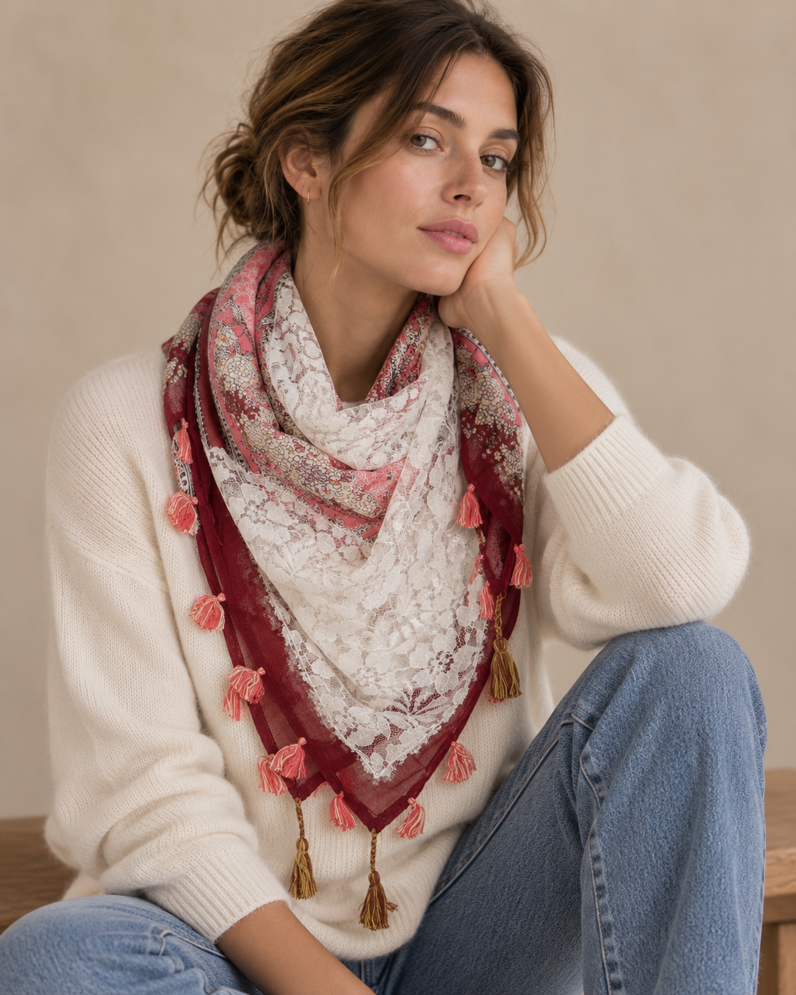 Pañuelo Catalina burdeos con encaje y borlas sobre modelo con jersey claro y vaqueros