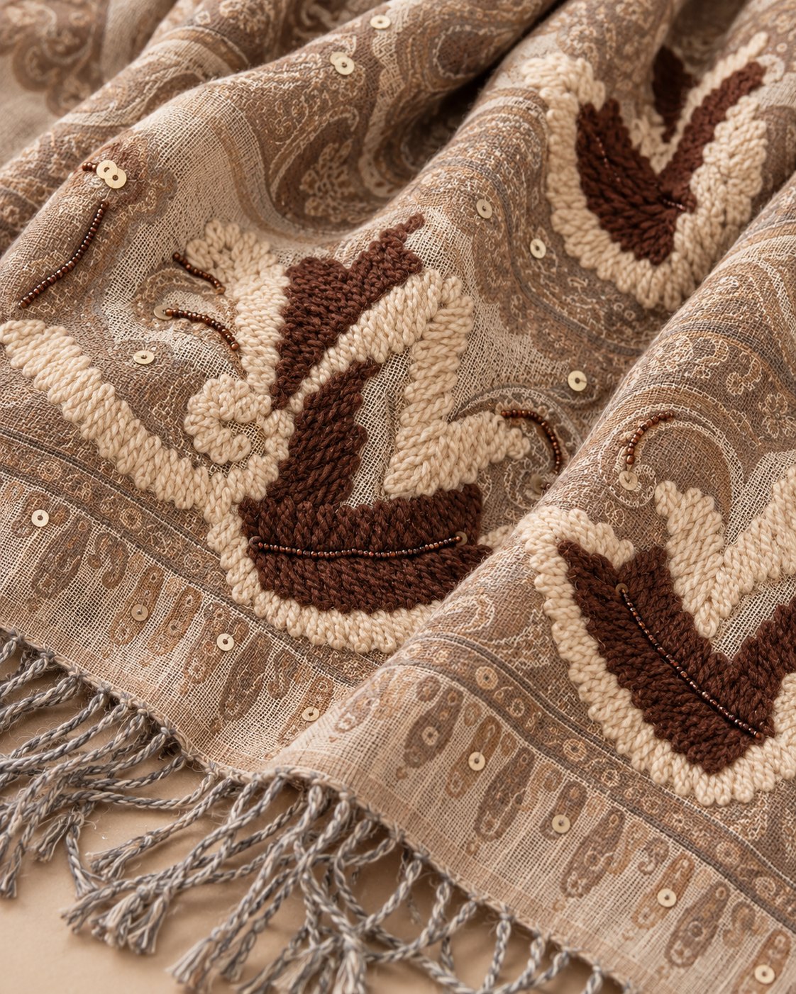 Detalle de bordados de lana en relieve y lentejuelas del pañuelo Kharmang