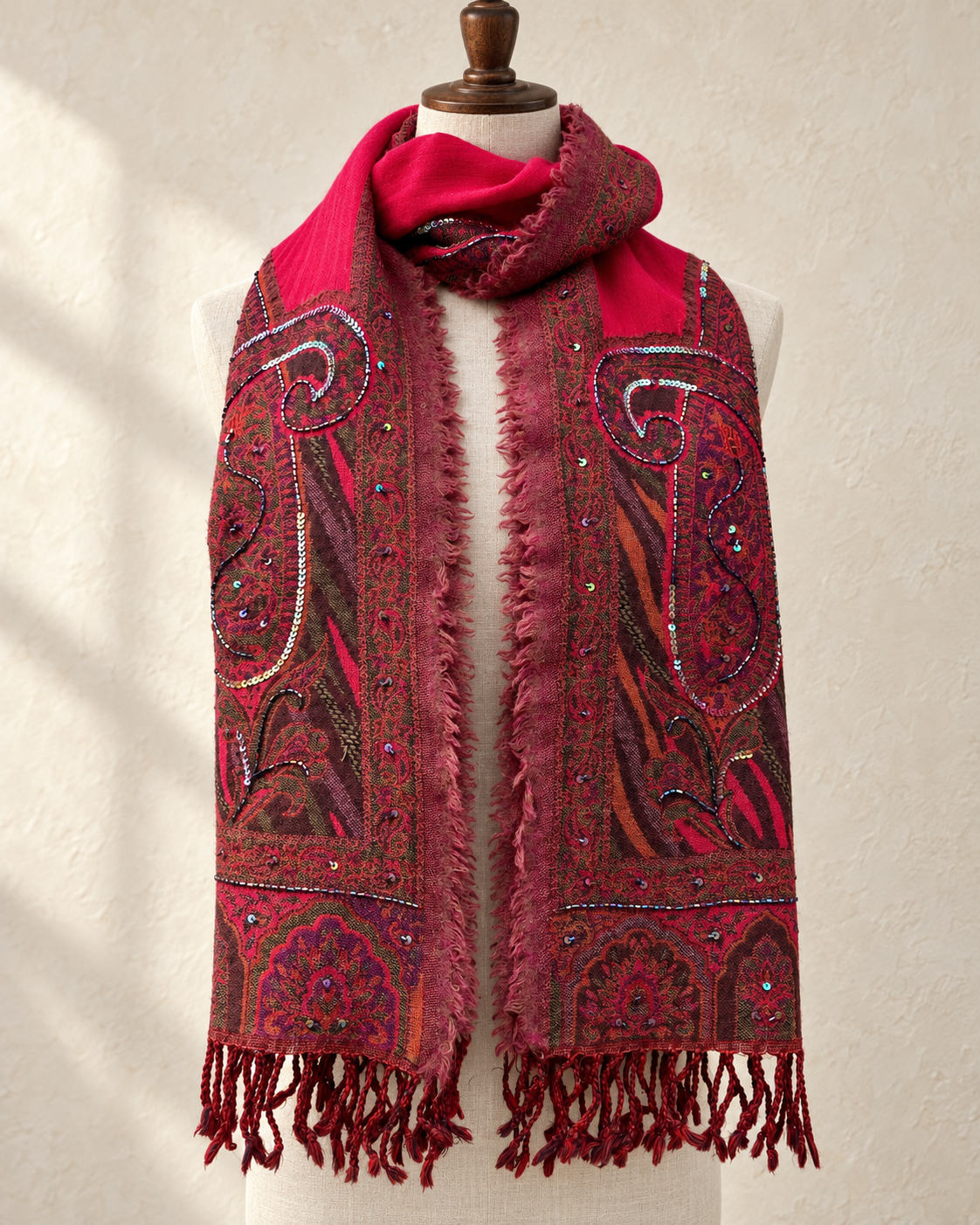 Pañuelo rojo Anapurna de lana 100% con bordados, lentejuelas y abalorios