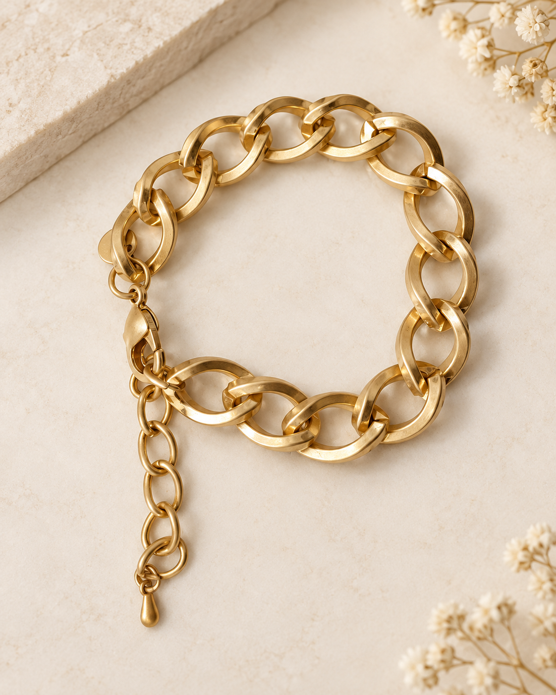 Pulsera Kinga de eslabones grandes en acero dorado mate, vista completa