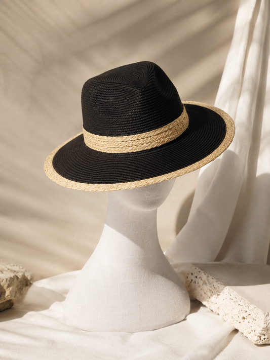 SOMBRERO DE ALA BICOLOR NEGRO Y RAFIA